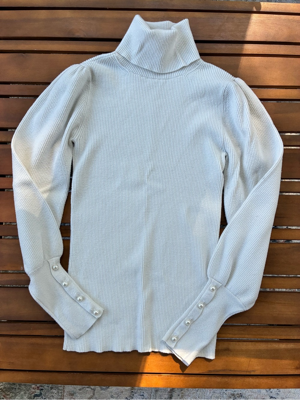 Ann Taylor Cream Ribbed Turtleneck Sweater with Pearl Cuff Buttons